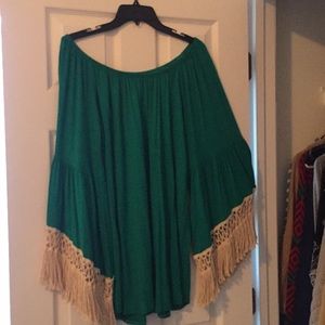 Off the shoulder green dress with bell sleeves